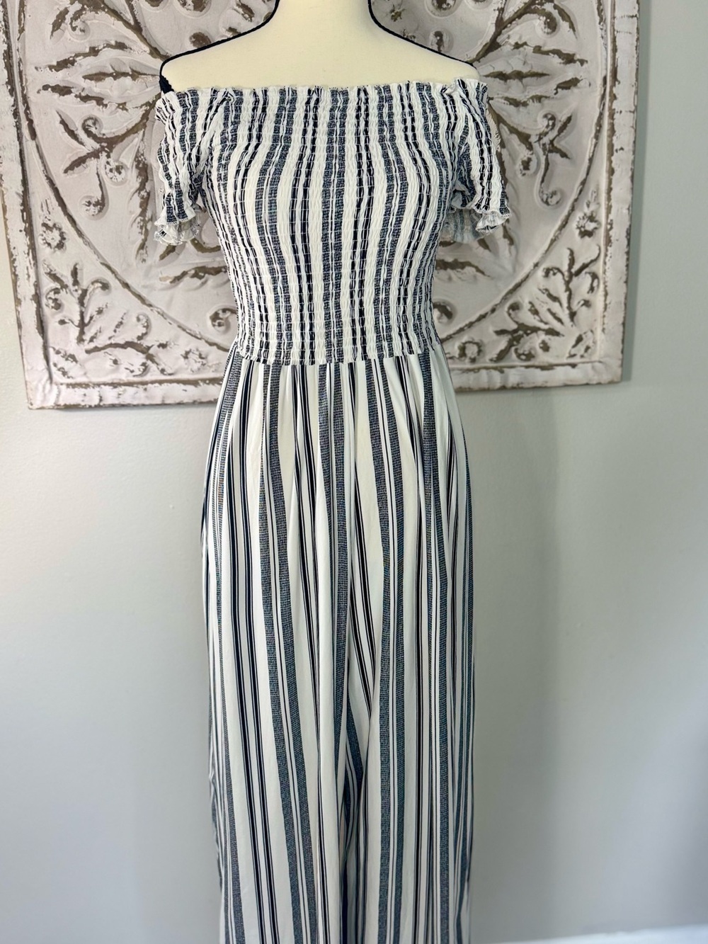 Rue21 White and Black One-Shoulder Striped Jumpsuit